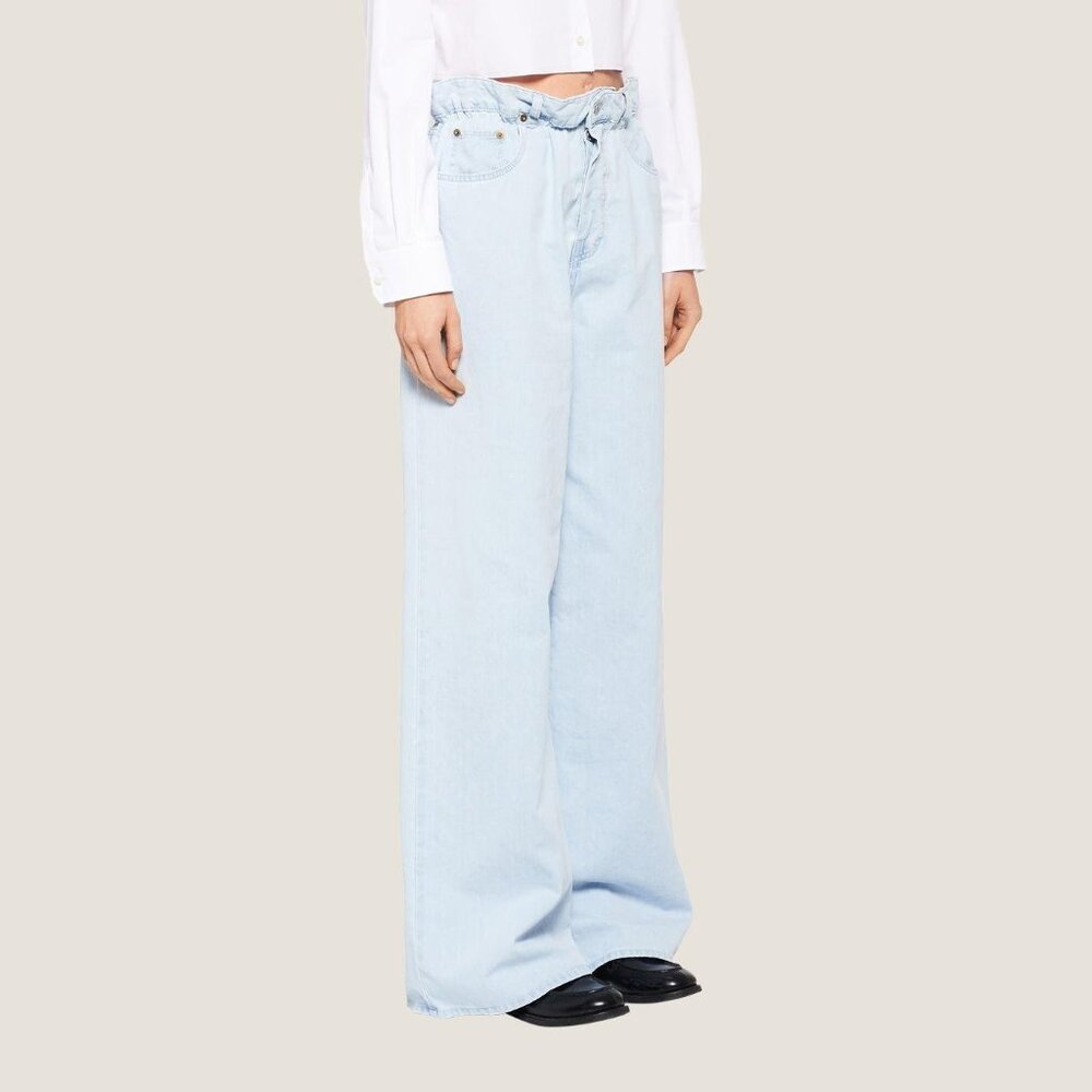 Miu Miu Light-Wash Twill Ruffled Wide-Leg Jeans